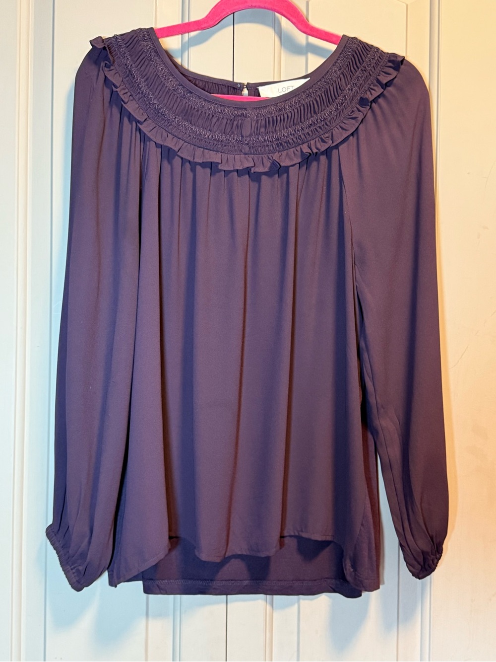 LOFT Lavender-Purple Ruffled Smocked Yoke Long Sleeve Blouse